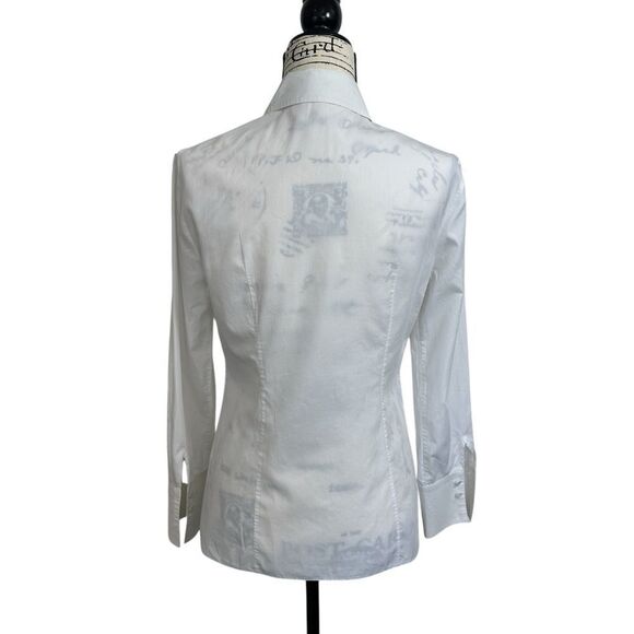 Prada Crisp White Poplin Tailored Ruffle Blue Navy Trim Shirt, 42/6 - Picture 3 of 11